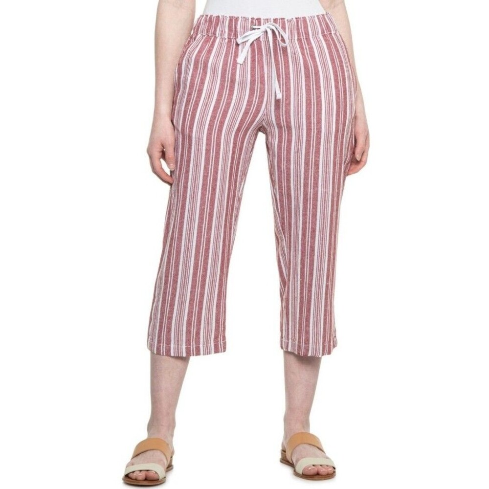 Da-sh Women's Linen Blend Drawstring Cropped Pants Red White Size L